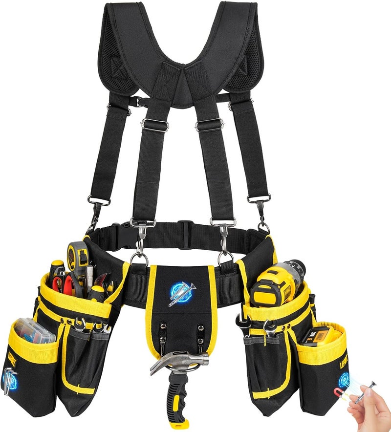 LEFORZ Tool Belt with Suspenders,27-Pockets Heavy Duty Tool Belts for Men with Magnetic Tool Pouch,Detachable & Adjustable Work Belt Bag for Electrician,Carpenter,Construction,Utility Toolbelt,Black,Yellow - Image 1